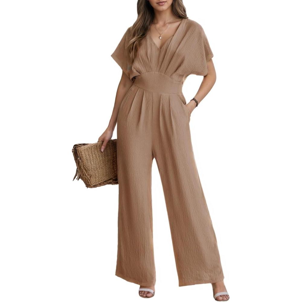 imageCUPSHE Womens Wide Leg Jumpsuits VNeck Batwing Short Sleeve Summer Long Rompe Casual Outfit PocketKhaki