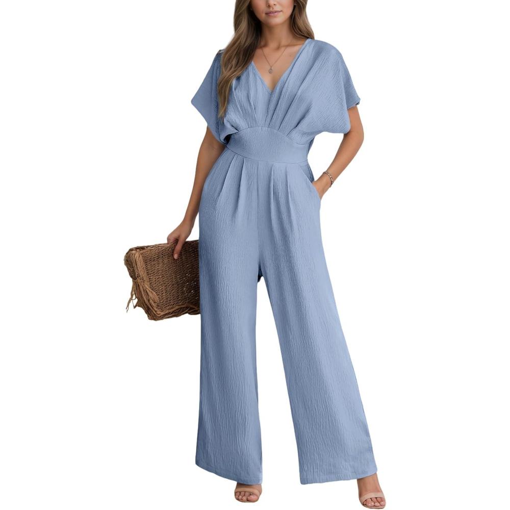 imageCUPSHE Womens Wide Leg Jumpsuits VNeck Batwing Short Sleeve Summer Long Rompe Casual Outfit PocketLight Blue