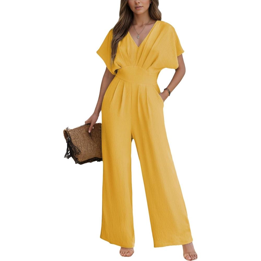imageCUPSHE Womens Wide Leg Jumpsuits VNeck Batwing Short Sleeve Summer Long Rompe Casual Outfit PocketYellow