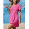 CUPSHE Bathing Suit Cover Up for Women Waffle Knit Twisted Beach Dress Short Sleeve Summer Swimsuit Coverup Swimwear(Hot Pink)