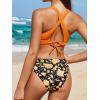 CUPSHE Bikini Set for Women Two Piece Swimsuit V Neck Triangle Top Wide Straps Cross Back Lace up Mid Rise(Orange Black Print)