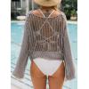 CUPSHE Crochet Swimsuit Coverup for Women Hollow Out Crop Top Long Sleeve Beach Outfits(Grey)