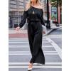 CUPSHE Jumpsuits for Women Long Sleeve Off Shoulder Belted Overalls with Pockets Wide Leg Pants Rompers Vacation Outfits(Black)