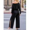 CUPSHE Jumpsuits for Women Long Sleeve Off Shoulder Belted Overalls with Pockets Wide Leg Pants Rompers Vacation Outfits(Black)