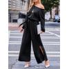 CUPSHE Jumpsuits for Women Long Sleeve Off Shoulder Belted Overalls with Pockets Wide Leg Pants Rompers Vacation Outfits(Black)