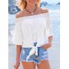 CUPSHE Off Shoulder Tops for Women Casual 3/4 Flared Sleeve Tie Front Smocked Blouse Beach Vacation Cover Up Trendy 2025(White)