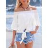 CUPSHE Off Shoulder Tops for Women Casual 3/4 Flared Sleeve Tie Front Smocked Blouse Beach Vacation Cover Up Trendy 2025(White)