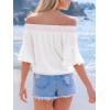 CUPSHE Off Shoulder Tops for Women Casual 3/4 Flared Sleeve Tie Front Smocked Blouse Beach Vacation Cover Up Trendy 2025(White)
