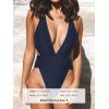 CUPSHE One Piece Swimsuit for Women Bathing Suit Cut Out Cross Back Tie Deep V Neck Ruched High Cut(Navy Blue)