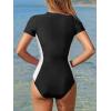 CUPSHE One Piece Swimsuit for Women Mock Neck Zipper Short Sleeve Bathing Suit(Black/White)