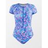 CUPSHE One Piece Swimsuit for Women Mock Neck Zipper Short Sleeve Bathing Suit(Purple Blue Floral)