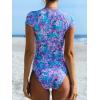 CUPSHE One Piece Swimsuit for Women Mock Neck Zipper Short Sleeve Bathing Suit(Purple Blue Floral)