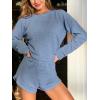 CUPSHE Ribbed Knit Long Sleeve and Short Pajama Sets 2 Piece Button Down Long Sleeve PJs for Women Soft Loungewear(A-blue)