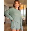 CUPSHE Ribbed Knit Long Sleeve and Short Pajama Sets 2 Piece Button Down Long Sleeve PJs for Women Soft Loungewear(A-green)