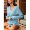 CUPSHE Ribbed Knit Long Sleeve and Short Pajama Sets 2 Piece Button Down Long Sleeve PJs for Women Soft Loungewear(Blue)