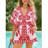 CUPSHE Rompers for Women Summer Casual V Neck Sleeveless Short Jumpsuit One Piece Outfit Beach Vacation(Red Floral)