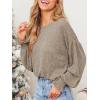 CUPSHE Tops for Women Crewneck Long Sleeve Shirt Ribbed Knit Puff Sleeve Blouse(Brown)