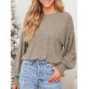 CUPSHE Tops for Women Crewneck Long Sleeve Shirt Ribbed Knit Puff Sleeve Blouse(Brown)
