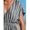 CUPSHE Women Beach Cover Up V Neck Short Sleeve Striped Midi Swimsuit Coverup Dress XS-XXL(Black Stripes)