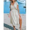 CUPSHE Women Beach Cover Up V Neck Short Sleeve Striped Midi Swimsuit Coverup Dress XS-XXL(Grayish Apricot)