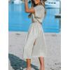 CUPSHE Women Beach Cover Up V Neck Short Sleeve Striped Midi Swimsuit Coverup Dress XS-XXL(Grayish Apricot)