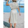 CUPSHE Women Beach Cover Up V Neck Short Sleeve Striped Midi Swimsuit Coverup Dress XS-XXL(Grayish Apricot)
