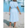 CUPSHE Women Beach Cover Up V Neck Short Sleeve Striped Midi Swimsuit Coverup Dress XS-XXL(Light Blue)