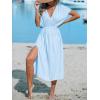 CUPSHE Women Beach Cover Up V Neck Short Sleeve Striped Midi Swimsuit Coverup Dress XS-XXL(Light Blue)