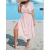 CUPSHE Women Beach Cover Up V Neck Short Sleeve Striped Midi Swimsuit Coverup Dress XS-XXL(Light Pink)