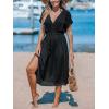 CUPSHE Women Beach Cover Up V Neck Short Sleeve Striped Midi Swimsuit Coverup Dress XS-XXL(Solid Black)