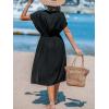 CUPSHE Women Beach Cover Up V Neck Short Sleeve Striped Midi Swimsuit Coverup Dress XS-XXL(Solid Black)