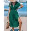 CUPSHE Women Beach Cover Up V Neck Short Sleeve Striped Midi Swimsuit Coverup Dress XS-XXL(Solid Green)