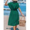 CUPSHE Women Beach Cover Up V Neck Short Sleeve Striped Midi Swimsuit Coverup Dress XS-XXL(Solid Green)