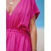 CUPSHE Women Beach Cover Up V Neck Short Sleeve Striped Midi Swimsuit Coverup Dress XS-XXL(Solid Hot Pink)