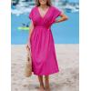 CUPSHE Women Beach Cover Up V Neck Short Sleeve Striped Midi Swimsuit Coverup Dress XS-XXL(Solid Hot Pink)