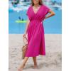 CUPSHE Women Beach Cover Up V Neck Short Sleeve Striped Midi Swimsuit Coverup Dress XS-XXL(Solid Hot Pink)
