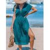 CUPSHE Women Beach Cover Up V Neck Short Sleeve Striped Midi Swimsuit Coverup Dress XS-XXL(Solid Teal)