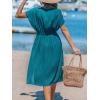 CUPSHE Women Beach Cover Up V Neck Short Sleeve Striped Midi Swimsuit Coverup Dress XS-XXL(Solid Teal)