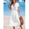 CUPSHE Women Beach Cover Up V Neck Short Sleeve Striped Midi Swimsuit Coverup Dress XS-XXL(Solid White)