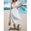 CUPSHE Women Beach Cover Up V Neck Short Sleeve Striped Midi Swimsuit Coverup Dress XS-XXL(White Stripes)