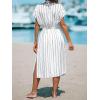 CUPSHE Women Beach Cover Up V Neck Short Sleeve Striped Midi Swimsuit Coverup Dress XS-XXL(White Stripes)
