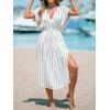 CUPSHE Women Beach Cover Up V Neck Short Sleeve Striped Midi Swimsuit Coverup Dress XS-XXL(White Stripes)