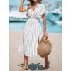 CUPSHE Women Beach Cover Up V Neck Short Sleeve Striped Midi Swimsuit Coverup Dress XS-XXL(White Stripes)
