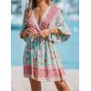 CUPSHE Women Casual Boho Sundress Summer Floral Print Tie Front Dress 3/4 Sleeves Paisley Beach Mini Dresses(Blue)