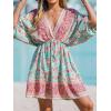 CUPSHE Women Casual Boho Sundress Summer Floral Print Tie Front Dress 3/4 Sleeves Paisley Beach Mini Dresses(Blue)