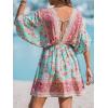 CUPSHE Women Casual Boho Sundress Summer Floral Print Tie Front Dress 3/4 Sleeves Paisley Beach Mini Dresses(Blue)