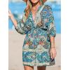 CUPSHE Women Casual Boho Sundress Summer Floral Print Tie Front Dress 3/4 Sleeves Paisley Beach Mini Dresses(Dark Blue)