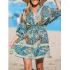 CUPSHE Women Casual Boho Sundress Summer Floral Print Tie Front Dress 3/4 Sleeves Paisley Beach Mini Dresses(Dark Blue)
