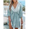 CUPSHE Women Casual Boho Sundress Summer Floral Print Tie Front Dress 3/4 Sleeves Paisley Beach Mini Dresses(Light Blue)