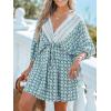 CUPSHE Women Casual Boho Sundress Summer Floral Print Tie Front Dress 3/4 Sleeves Paisley Beach Mini Dresses(Light Blue)
